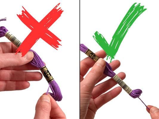 Pulling from a DMC skein of embroidery thread the wrong way and the right way