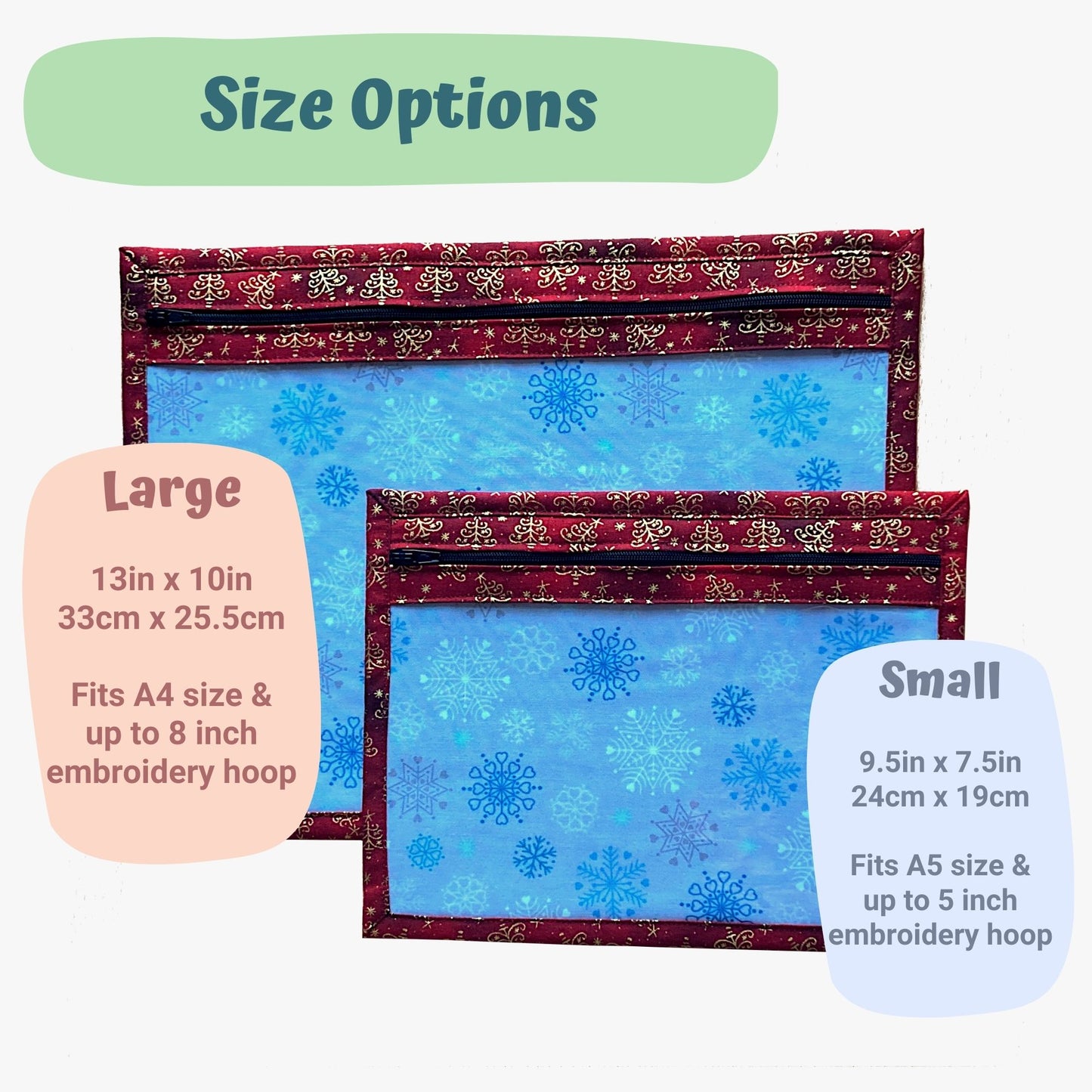 Size options for project bags - large 13in x 10in, amall 9.5in x 7.5in