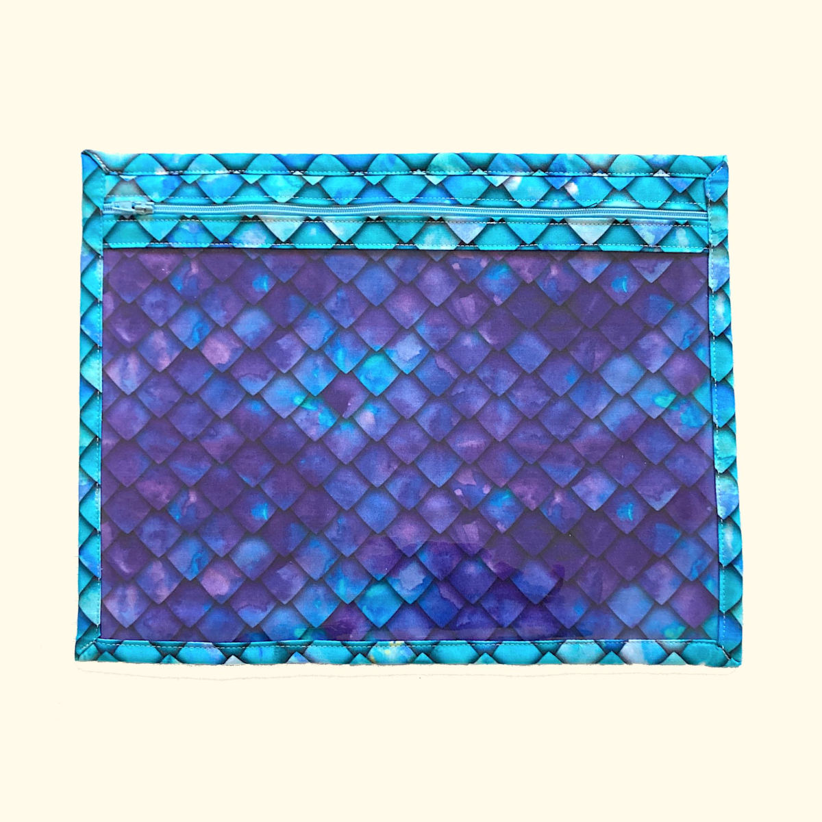 Mermaid scales turqoise and purple project pouch with zip front and clear vinyl window