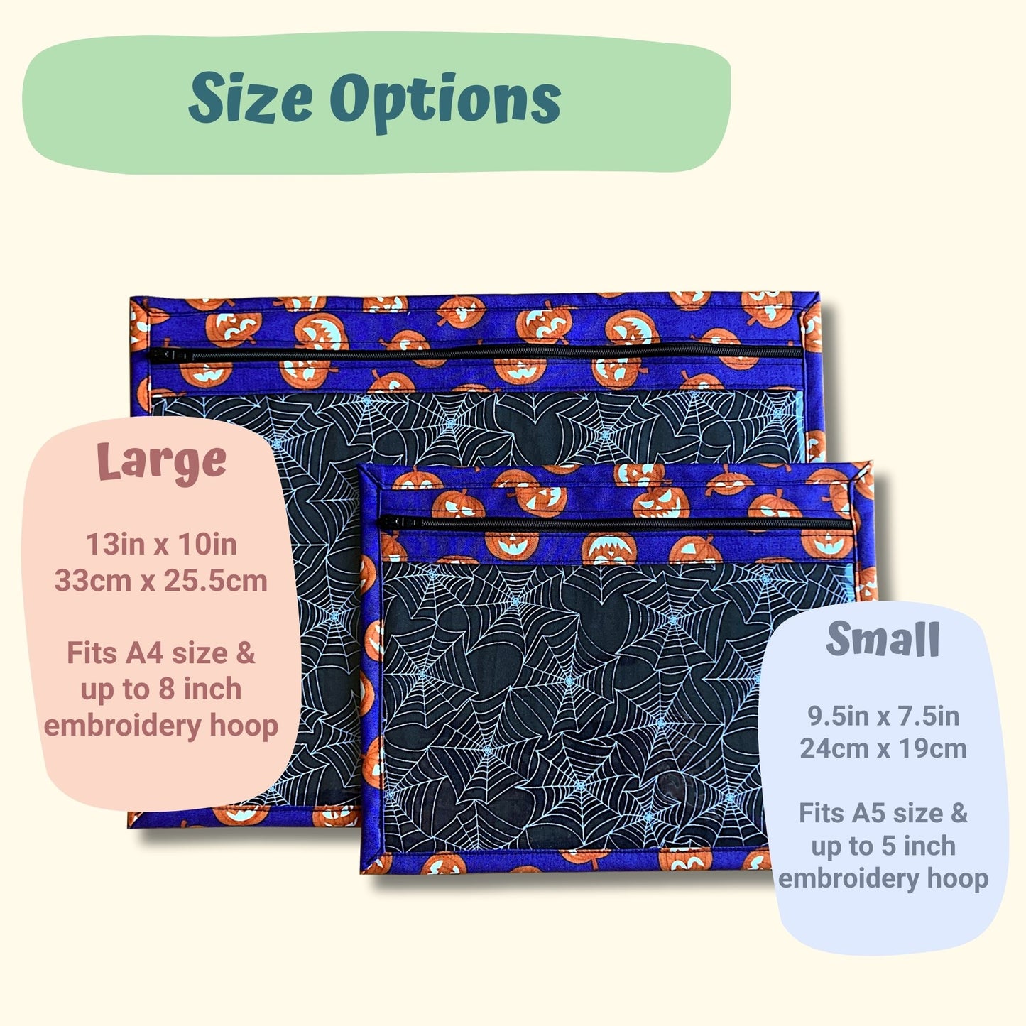 Size options for Halloween project bags - large 13x10in/small 9.5x7.5in