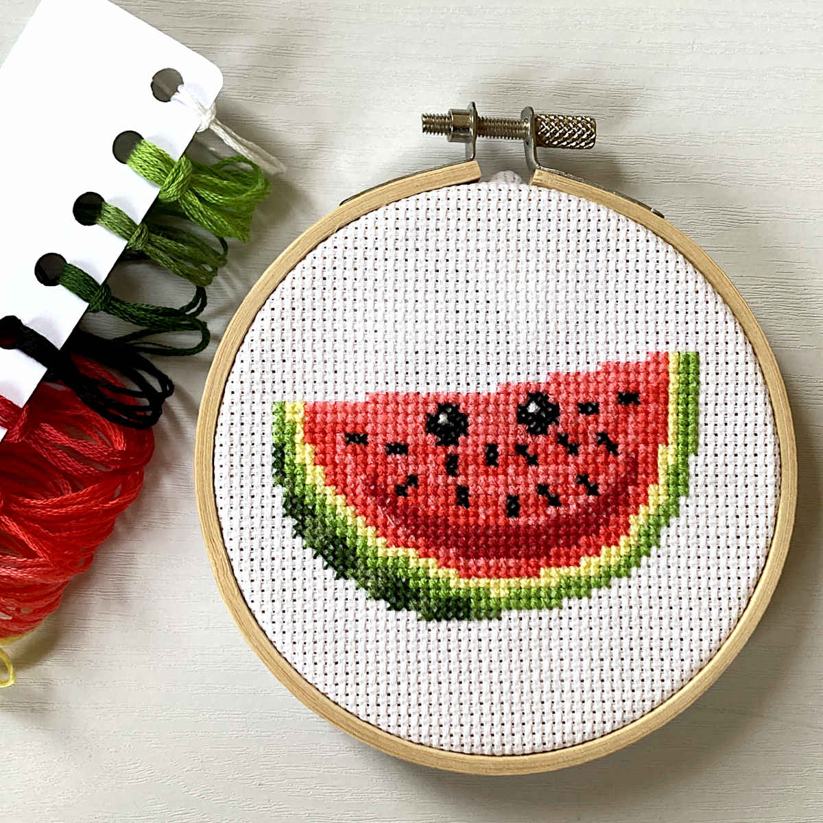 Smiling watermelon cross stitch kit with DMC threads
