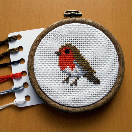 Cross Stitch Robin in mini hoop with DMC threads