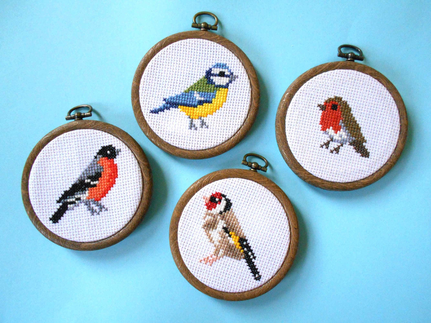 Blue tit, bullfinch, goldfinch, robin mini cross stitch kits