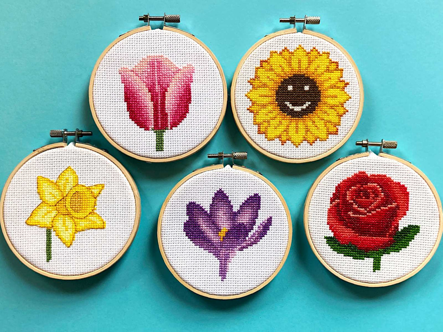 Flower Cross Stitch Kits - Colourful flowers including rose, tulip, sunflower crocus and daffodil