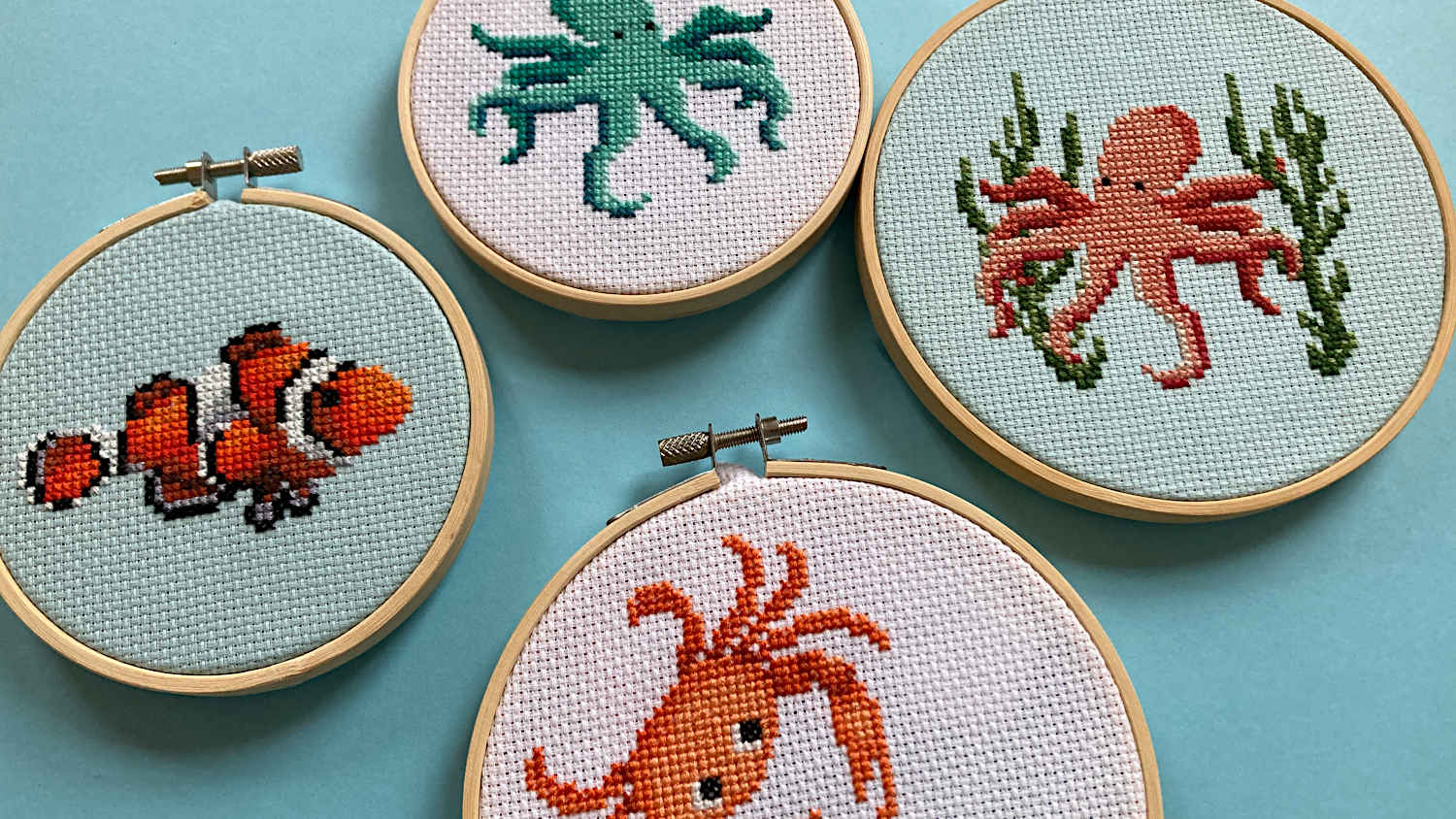 Sea life cross stitches - clownfish, octopus, crab