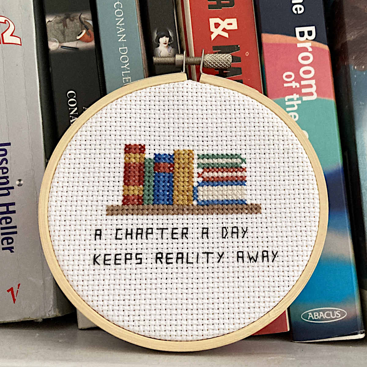 A round wooden embroidery hoop holding white Aida cloth, featuring a cross-stitch design of colorful books and the text 'A CHAPTER A DAY KEEPS REALITY AWAY.' The hoop is photographed leaning against a row of books on a shelf.