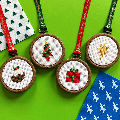 4 Mini Christmas Cross Stitch Tree Ornaments - Christmas pudding, tree, present, star