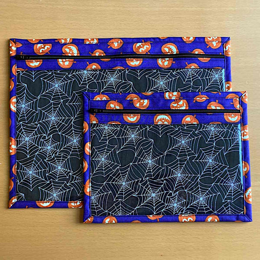 Vinyl fronted project bags with zip front, Purple halloween themed fabric with pumpkins and spiderweb - a large bag and a small bag