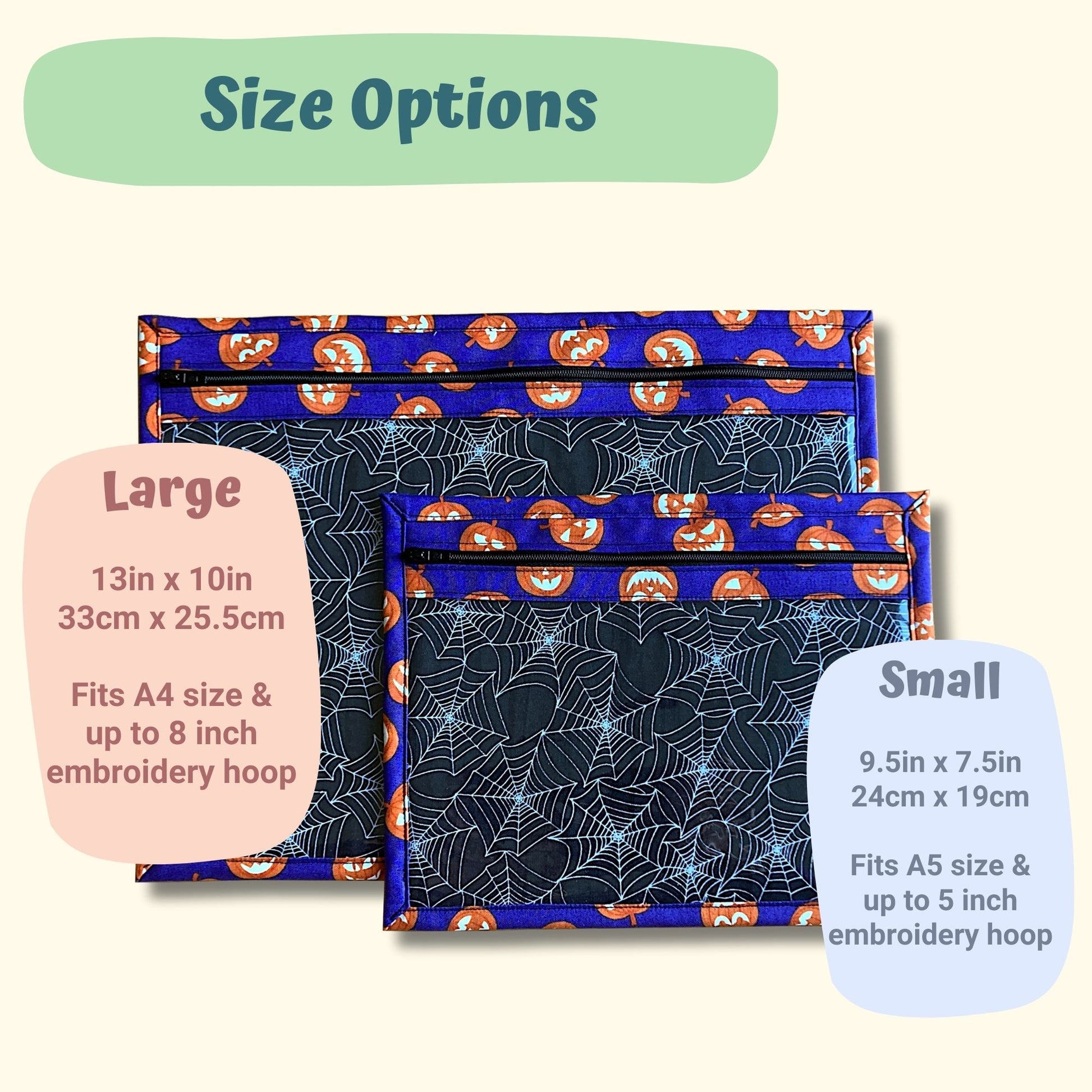 Size options for Halloween project bags - large 13x10in/small 9.5x7.5in