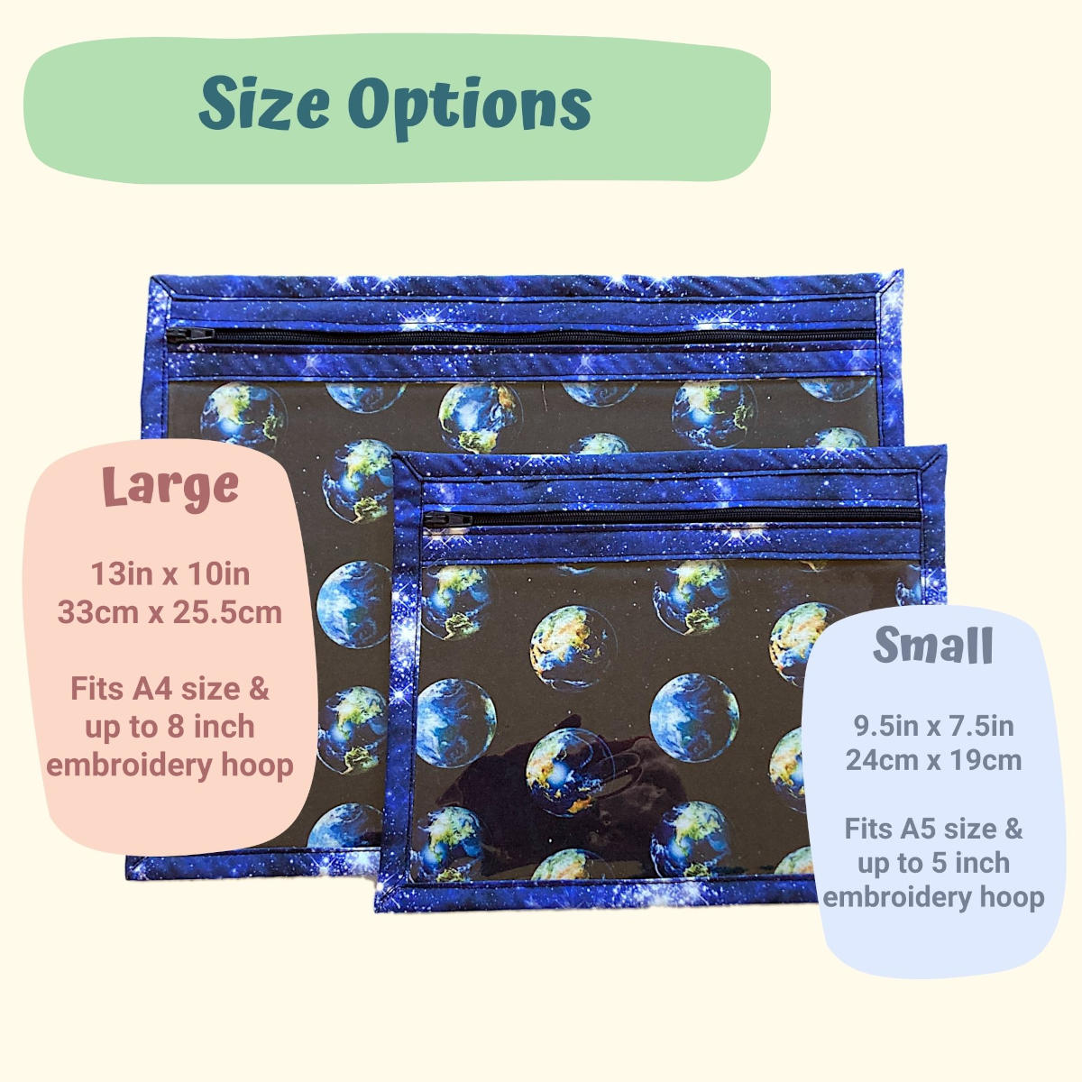 Planet earth project bags size options - large 13x10in, small 9.x7.5in