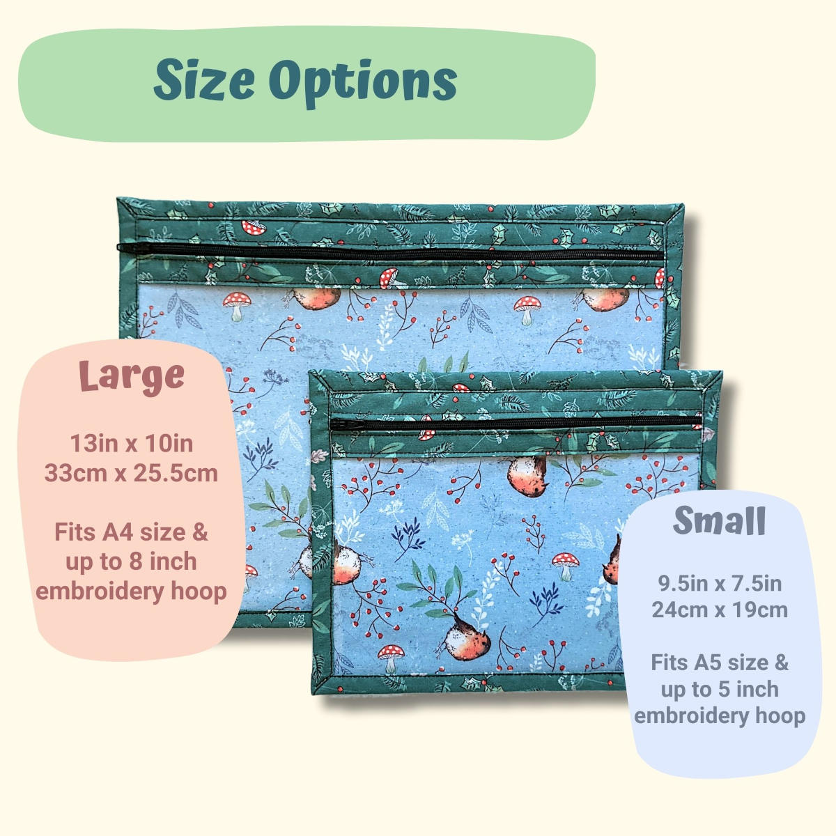 Robin project bag size options - large 13x10in, small 9.5x7.5in