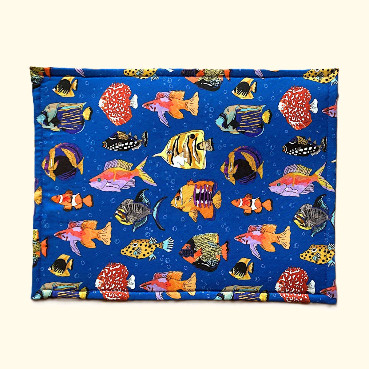 Back of project bag showing tropical fish print on royal blue fabric