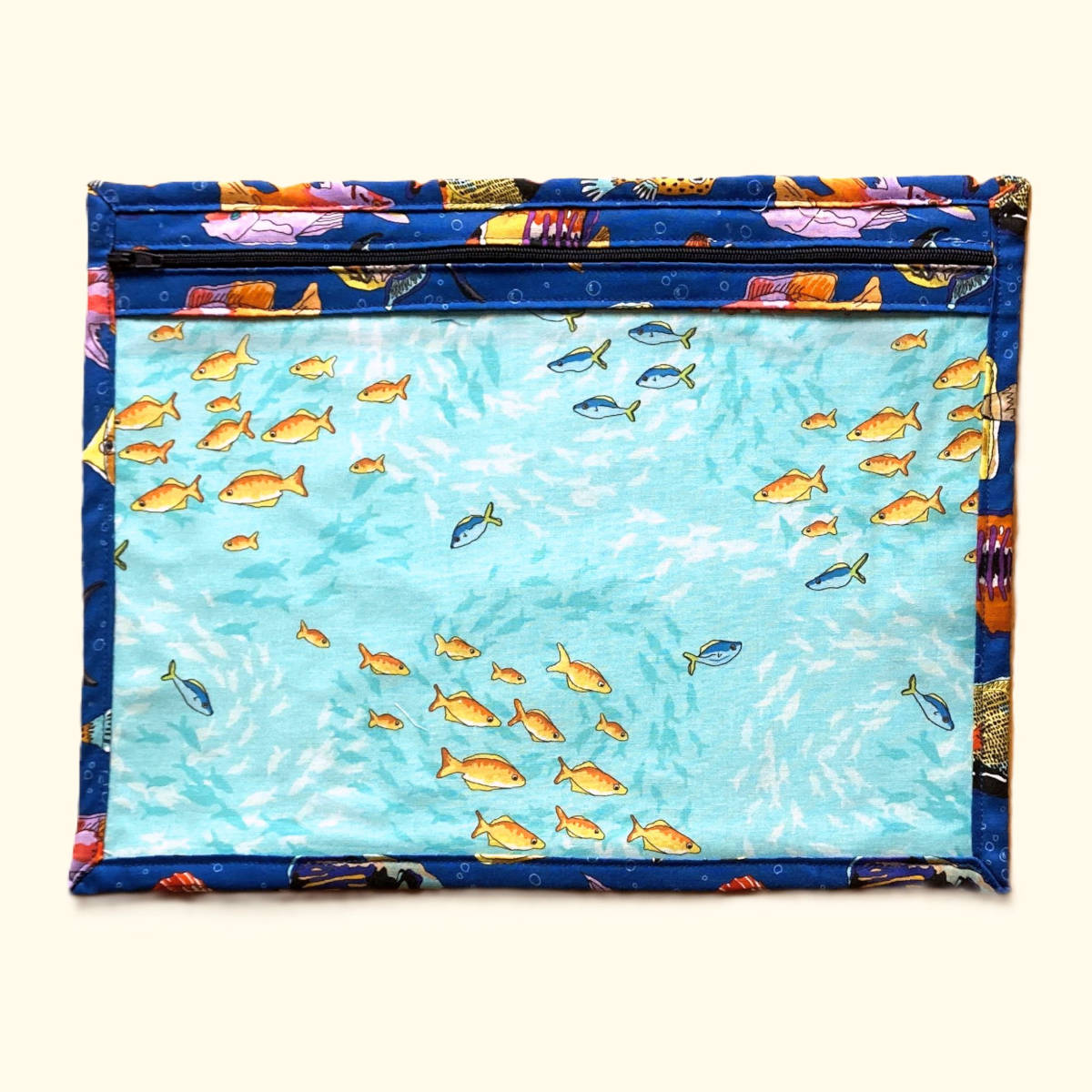 Large Tropical fish Project bag with shoals of fish ocean lining fabric, clear vinyl and zip front 