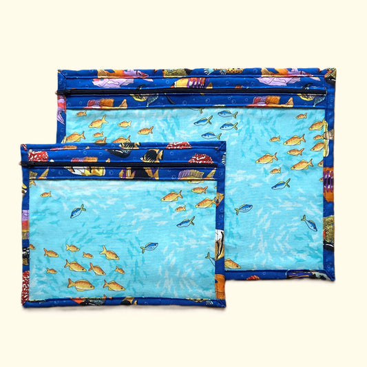 Large and Small Tropical fish themed project bags with zip and clear vinyl front