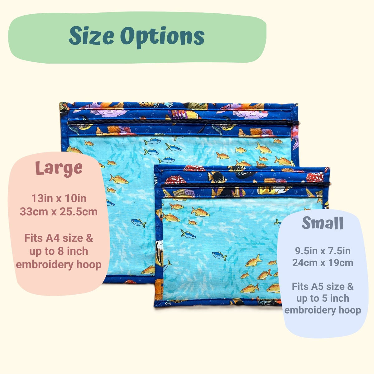 Fish Project Pouch Size Options - Large 13x10in, Small 9.5x7.5in