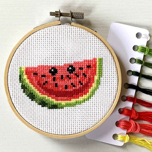 Cross stitch watermelon with eyes and smile