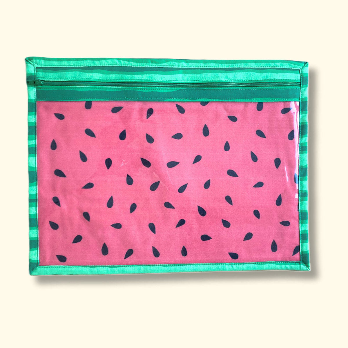 Large watermelon project pouch - green stripey outer fabric, pink seedy lining fabric, clear vinyl front