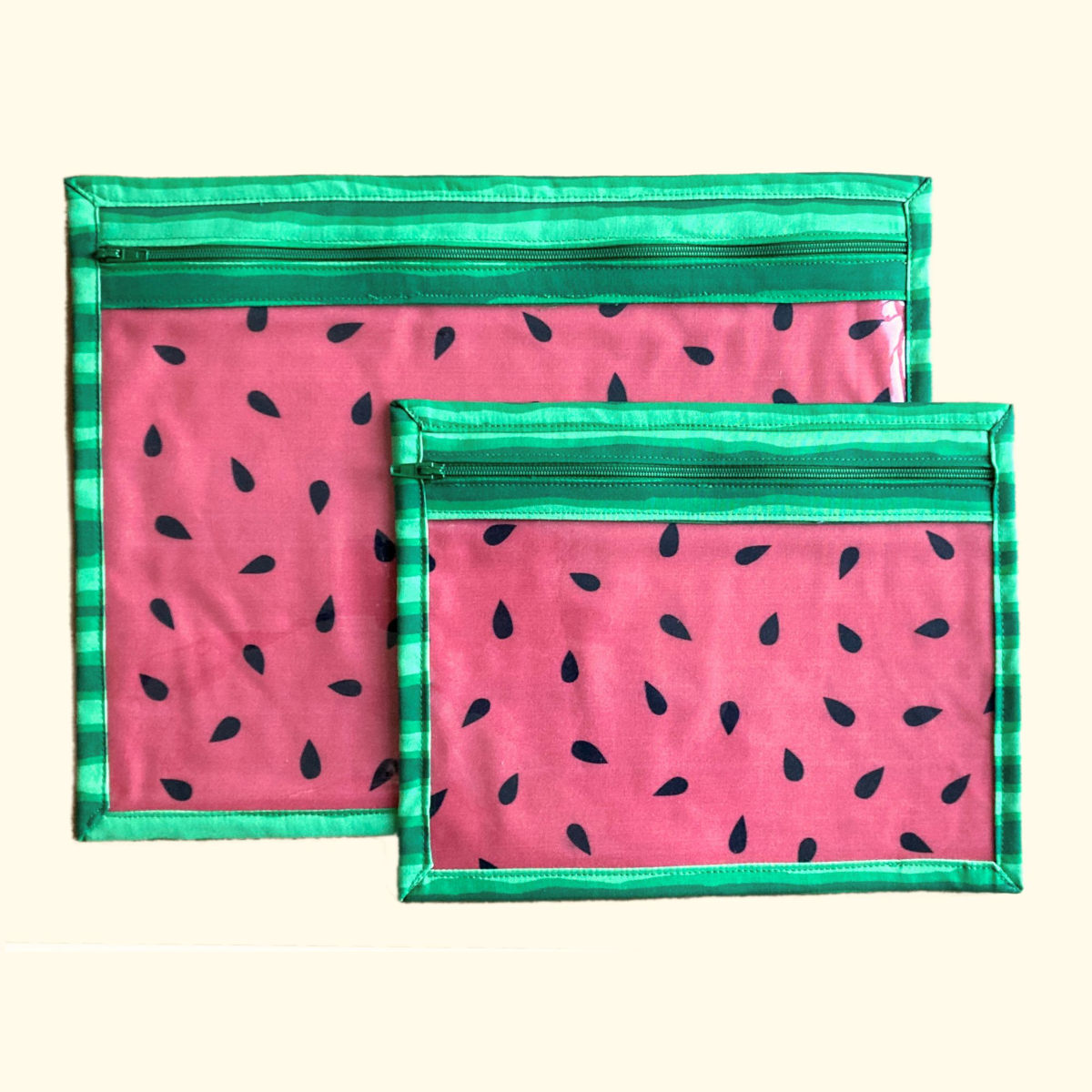 Large and small watermelon project bag with zip and clear vinyl front