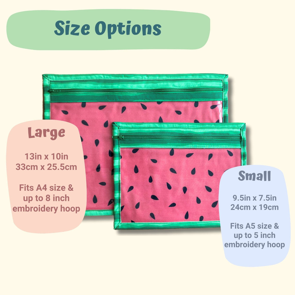 Watermelon project bag size options - large 13x10in, small 9.5x7.5in