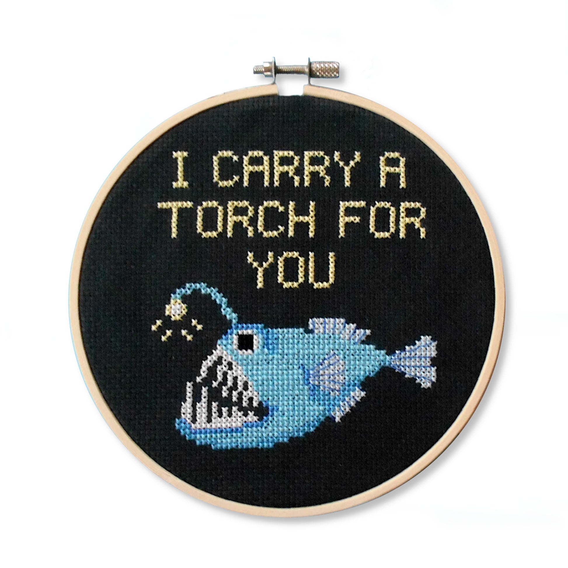 "I carry a torch for you" Anglerfish Valentines Day cross stitch