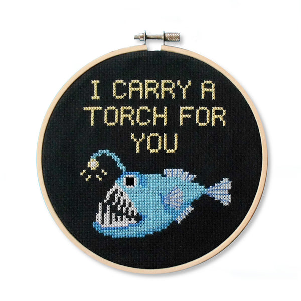 "I carry a torch for you" Anglerfish Valentines Day cross stitch