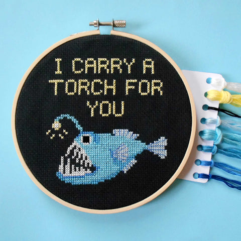 "I carry a torch for you" Anglerfish Cross Stitch Kit, with DMC threads