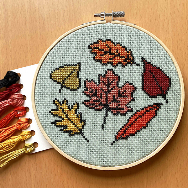 Autumn Leaves Cross Stitch in Hoop with DMC threads