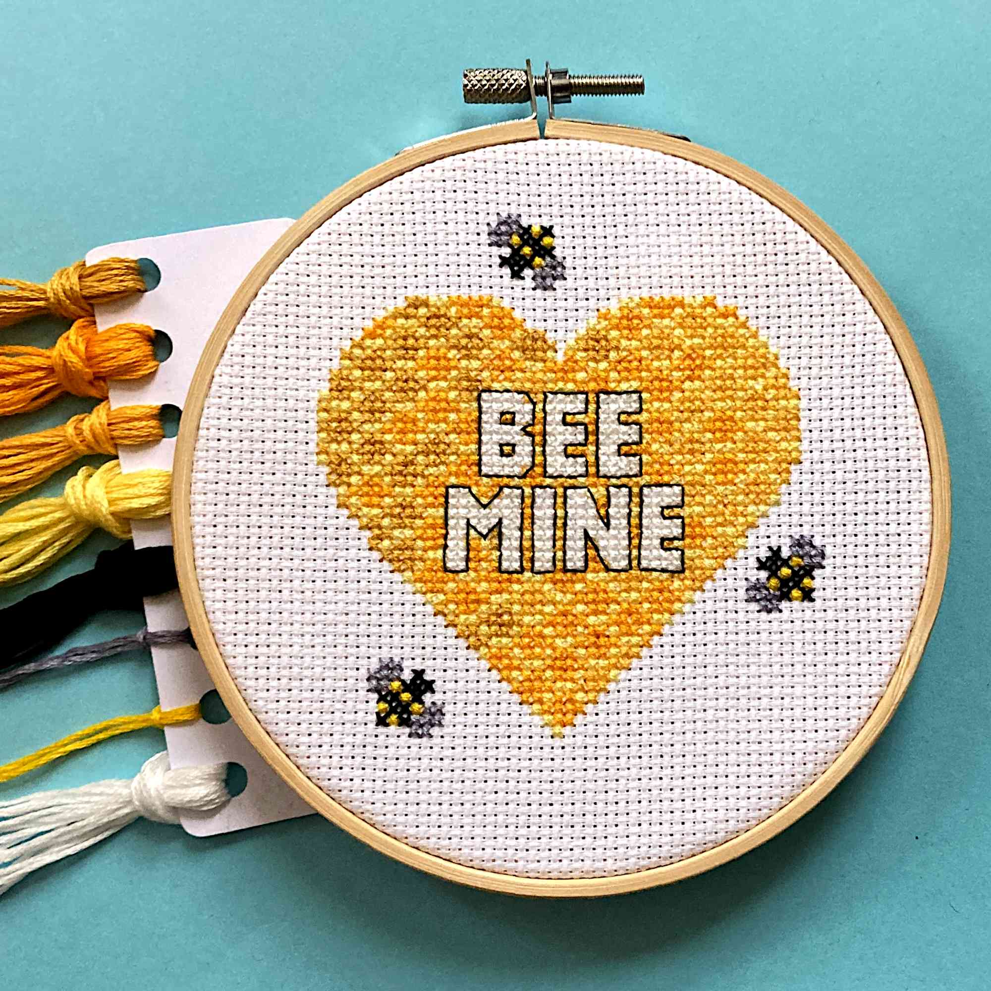 Honeycomb Heart Cross Stitch with Bees and 'BEE MINE' pun