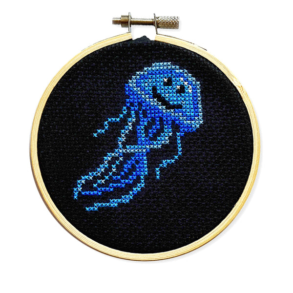 Blue Jellyfish Cross Stitch With Hoop