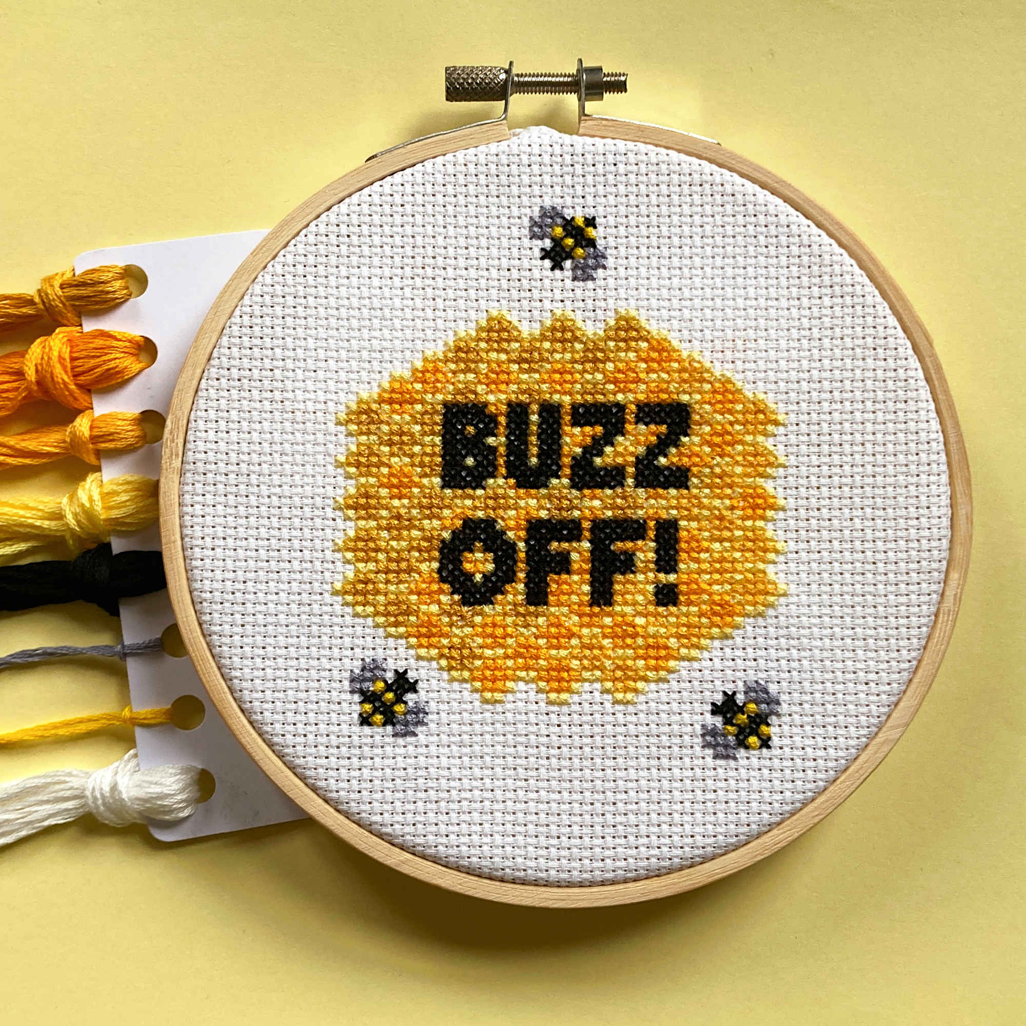 "Buzz off" honeycomb with bees cross stitch kit with DMC threads