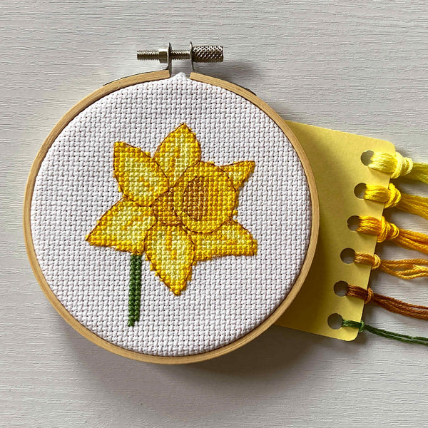 Daffodil cross stitch kit in embroidery hoop with DMC floss