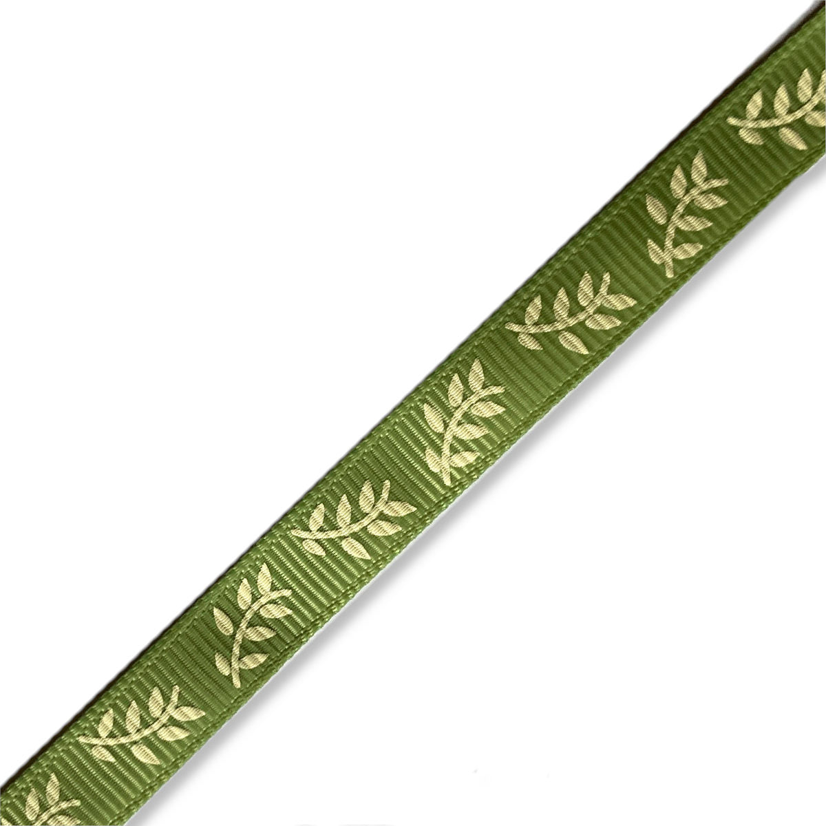 9mm grosgrain green ribbon with ivory fern print