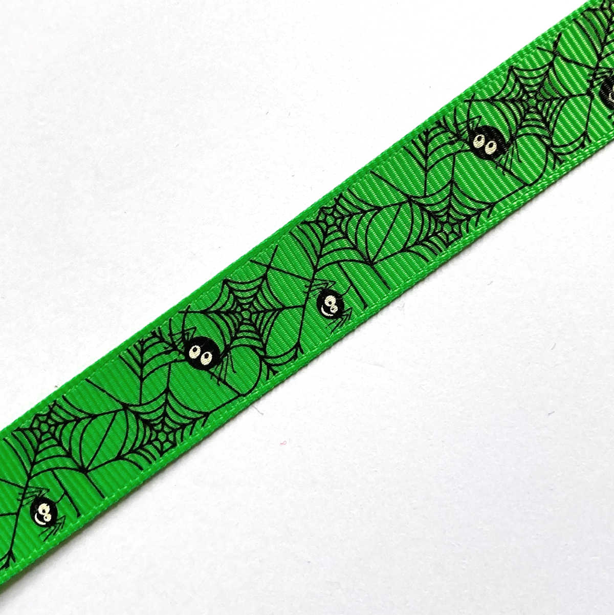 bright green Halloween 16mm ribbon with black spider and web print