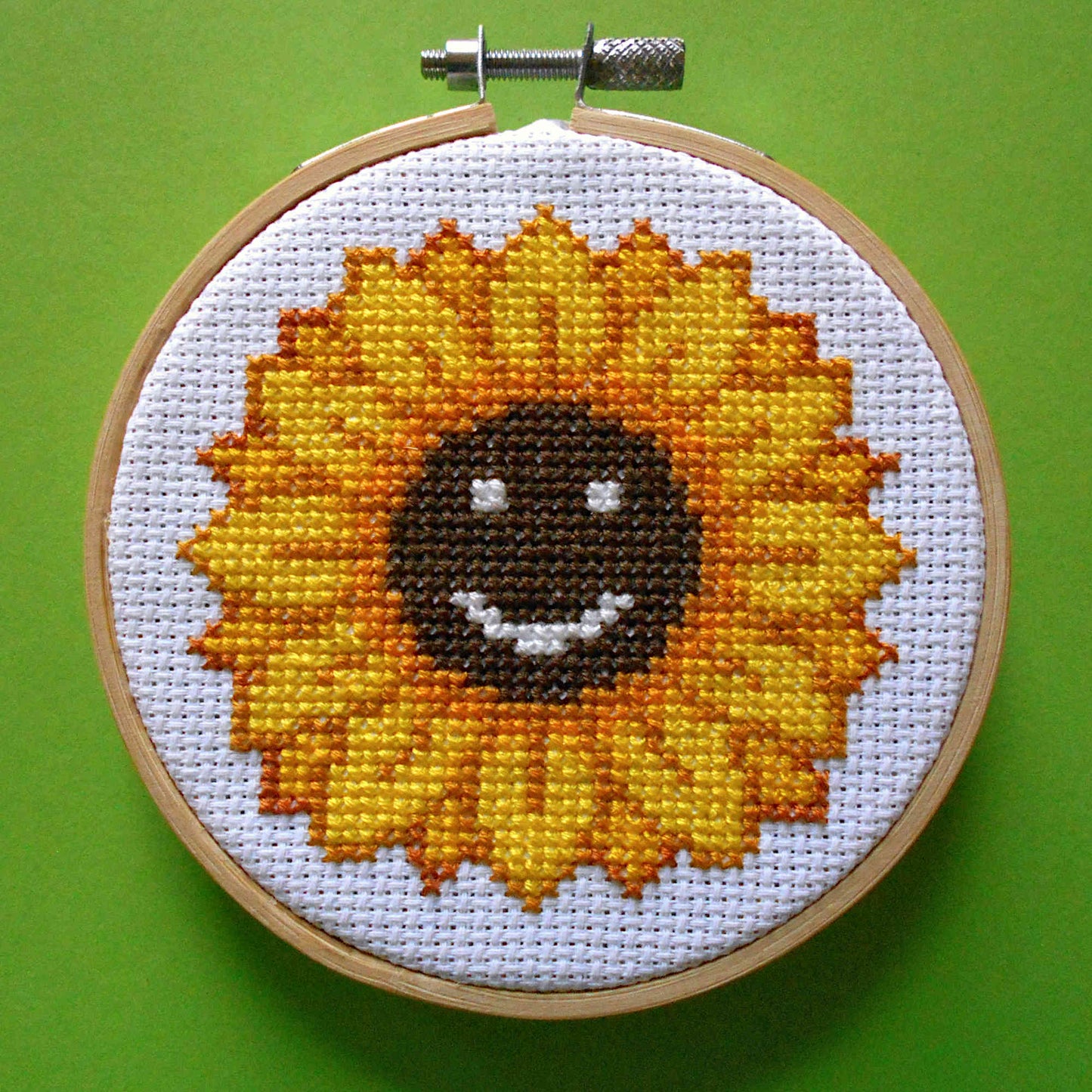 Smiling Sunflower, cheerful floral cross stitch