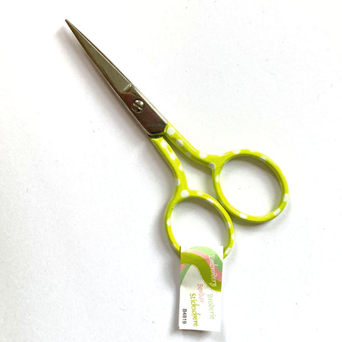 lime green embroidery scissors with white polka dots