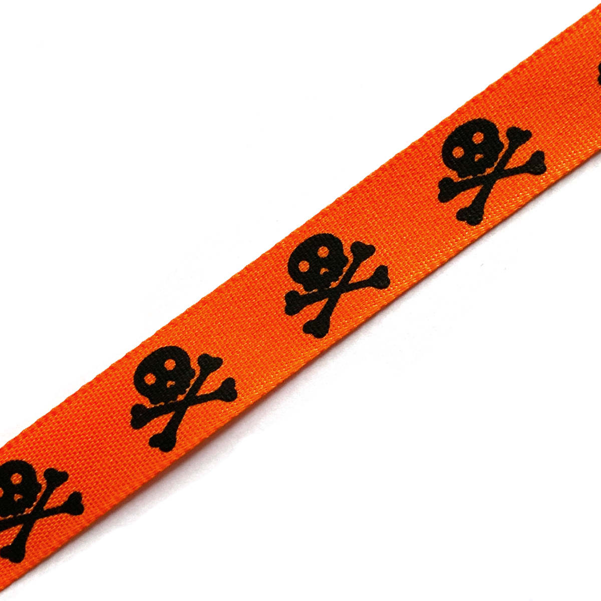 orange 16mm wide ribbon with black skull and crossbone print