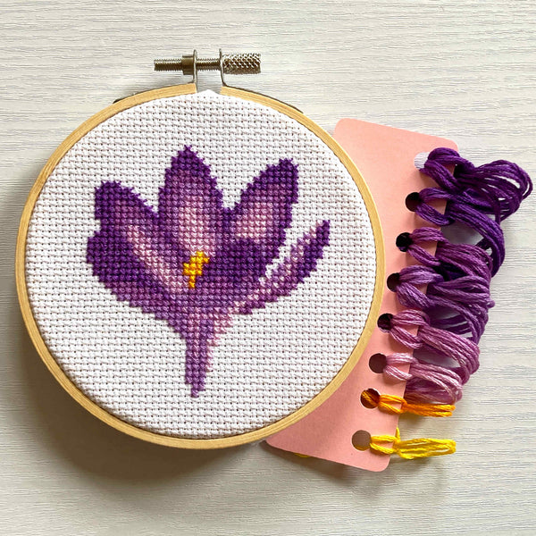 purple crocus spring flower cross stitch kit with DMC embroidery floss