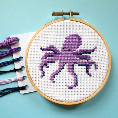 Purple Octopus Cross Stitch Kit with embroidery hoop, DMC threads