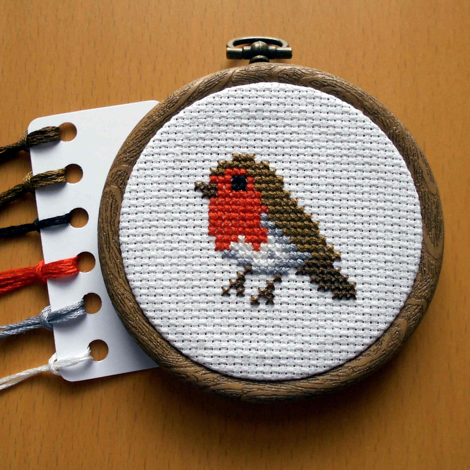 Cross Stitch Robin in mini hoop with DMC threads