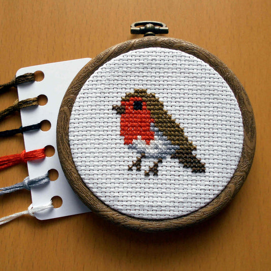 Robin Cross stitch kit with hoop, DMC threads