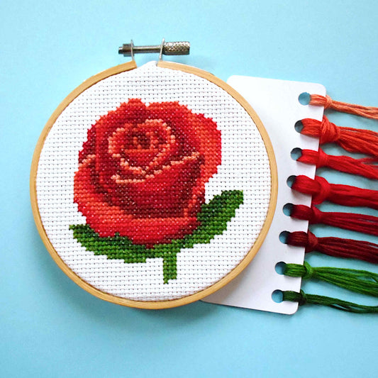Red Rose Cross Stitch Kit With Hoop, DIY Gift