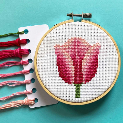 Pink Tulip Cross Stitch in Hoop with DMC embroidery floss