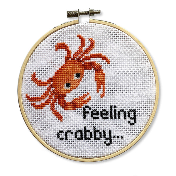 Crab Cross Stitch with Crab Pun 'feeling crabby'